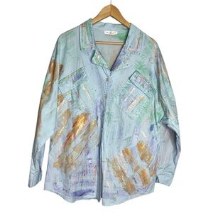 Vintage Lew Magram Abstract Watercolour Painted Sparkle Button Up Blouse, L